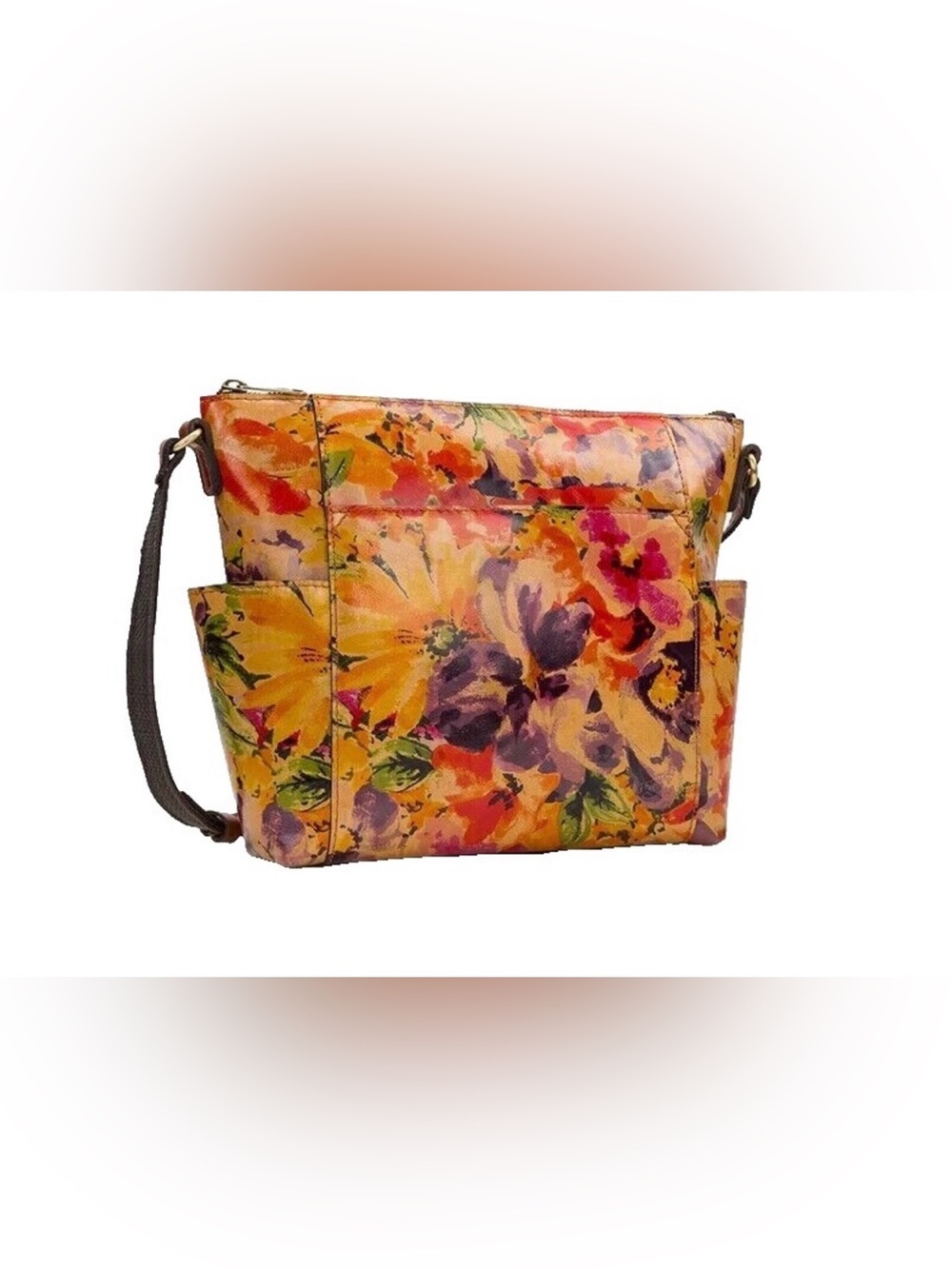 Patricia Nash Yellow Orange Purple Floral Crossbody with Dark Strap